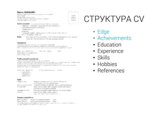 •  Edge
•  Achievements
•  Education
•  Experience
•  Skills
•  Hobbies
•  References
СТРУКТУРА CV
 