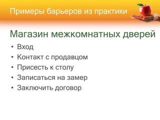 Магазин межкомнатных дверей
• Вход
• Контакт с продавцом
• Присесть к столу
• Записаться на замер
• Заключить договор
Примеры барьеров из практики
 