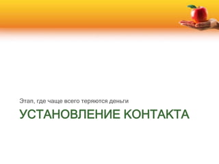 УСТАНОВЛЕНИЕ КОНТАКТА
Этап, где чаще всего теряются деньги
 