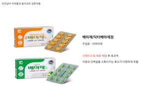 베아제/닥터베아제정
주성분 – 리파아제
스테이크 등 육류 식단 후 효과적.
지방과 단백질을 소화시키는 효소가 다양하게 포함.
안전상비 의약품과 음식과의 상호작용
 