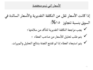 ‫اﻠ‬‫ﺴﻌﺎر‬
ٔ
‫اﻻ‬‫ﻤﻨﺨﻔﻀﺔ‬‫ﺗﺒﺪو‬‫ﺘﻲ‬
‫إذا‬‫ﻜﺎﻧﺖ‬‫ﺴﻌﺎر‬
ٔ
‫اﻻ‬‫ﺗ‬‫ﻗﻞ‬‫ﻋﻦ‬‫اﻠﺘﻛﻟﻔﺔ‬‫اﻠﺘﻗﺪﻳﺮﻳﺔ‬‫ﺴﻌﺎر‬
ٔ
‫واﻻ‬‫اﻠﺳﺎﺋﺪة‬‫ﻓﻲ‬
‫اﻠﺳﻮق‬‫ﺑﻨﺳﺒﺔ‬‫ز‬‫ﺗﺘﺟﺎو‬١٥%:
‫ﻳﺟﺐ‬‫اﺠﻌﺔ‬‫ﺮ‬‫ﻤ‬‫اﻠﺘﻛﻟﻔﺔ‬‫اﻠﺘﻗﺪﻳﺮﻳﺔ‬‫ﻜﺪ‬
ٔ
‫ﻠﻟﺘﺎ‬‫ﻤﻦ‬‫ﺴﻼﻤﺘﻬﺎ‬‫؛‬
‫ﻳﺘﻢ‬‫ﻃﻟﺐ‬‫ﺗﺤﻟﻴﻞ‬‫ﺴﻌﺎر‬
ٔ
‫ﻠﻼ‬‫ﻤﻦ‬‫ﺻﺎﺣﺐ‬‫اﻠﻌﻄﺎء‬‫؛‬ ‫ﻳﺘﻢ‬‫ﻃﻟﺐ‬‫ﺗﺤﻟﻴﻞ‬‫ﺴﻌﺎر‬
ٔ
‫ﻠﻼ‬‫ﻤﻦ‬‫ﺻﺎﺣﺐ‬‫اﻠﻌﻄﺎء‬‫؛‬
‫ﻳﺘﻢ‬‫اﺴﺘﺒﻌﺎد‬‫اﻠﻌﻄﺎء‬‫إذا‬‫ﻠﻢ‬‫ﺗ‬‫ﻗﺘﻨﻊ‬‫اﻠﻟﺟﻨﺔ‬‫ﺑﻨﺘﺎﺋﺞ‬‫اﻠﺘﺤﻟﻴﻞ‬‫ات‬‫ر‬‫واﻠﻣﺒﺮ‬.
١٥
 