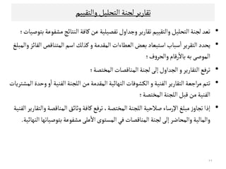 ‫ﺗﻗﺎرﻳﺮ‬‫واﻠﺘﻗﻴﻴﻢ‬‫اﻠﺘﺤﻟﻴﻞ‬‫ﻠﺟﻨﺔ‬
•‫ﺗ‬‫اﻠﻨﺘﺎﺋﺞ‬‫ﻜﺎﻓﺔ‬‫ﻋﻦ‬‫ﺗﻔﺼﻴﻟﻴﺔ‬‫وﺠﺪاول‬‫ﺗﻗﺎرﻳﺮ‬‫واﻠﺘﻗﻴﻴﻢ‬‫اﻠﺘﺤﻟﻴﻞ‬‫ﻠﺟﻨﺔ‬‫ﻌﺪ‬‫ﺑﺘﻮﺻﻴﺎت‬‫ﻤﺷﻔﻮﻋﺔ‬‫؛‬
•‫ﻳﺤﺪد‬‫اﻠﺘﻗﺮﻳﺮ‬‫ﺴﺒﺎب‬
ٔ
‫ا‬‫اﺴﺘﺒﻌﺎد‬‫ﺑﻌﺾ‬‫اﻠﻣﻗﺪﻤﺔ‬‫اﻠﻌﻄﺎءات‬‫و‬‫ﻜﺬﻠﻚ‬‫واﻠﻣﺒﻟﻎ‬‫اﻠﻔﺎﺋﺰ‬‫اﻠﻣﺘﻨﺎﻘﺺ‬‫اﺴﻢ‬
‫ﺑﻪ‬‫اﻠﻣﻮﺻﻰ‬‫ف‬‫و‬‫واﻠﺤﺮ‬‫رﻘﺎم‬
ٔ
‫ﺑﺎﻻ‬‫؛‬
•‫ﺗ‬‫ﺮﻓﻊ‬‫اﻠﺟﺪاول‬‫و‬‫اﻠﺘﻗﺎرﻳﺮ‬‫اﻠﻣﺨﺘﺼﺔ‬‫اﻠﻣﻨﺎﻘﺼﺎت‬‫ﻠﺟﻨﺔ‬‫إﻠﻰ‬‫؛‬
•‫ﺗﺘﻢ‬‫اﻠﻣﺷﺘﺮﻳﺎت‬‫وﺣﺪة‬‫و‬
ٔ
‫ا‬‫اﻠﻔﻨﻴﺔ‬‫اﻠﻟﺟﻨﺔ‬‫ﻤﻦ‬‫اﻠﻣﻗﺪﻤﺔ‬‫اﻠﻨﻬﺎﺋﻴﺔ‬‫اﻠﻛﺷﻮﻓﺎت‬‫و‬‫اﻠﻔﻨﻴﺔ‬‫اﻠﺘﻗﺎرﻳﺮ‬‫اﺠﻌﺔ‬‫ﺮ‬‫ﻤ‬ •‫ﺗﺘﻢ‬‫اﻠﻣﺷﺘﺮﻳﺎت‬‫وﺣﺪة‬‫و‬
ٔ
‫ا‬‫اﻠﻔﻨﻴﺔ‬‫اﻠﻟﺟﻨﺔ‬‫ﻤﻦ‬‫اﻠﻣﻗﺪﻤﺔ‬‫اﻠﻨﻬﺎﺋﻴﺔ‬‫اﻠﻛﺷﻮﻓﺎت‬‫و‬‫اﻠﻔﻨﻴﺔ‬‫اﻠﺘﻗﺎرﻳﺮ‬‫اﺠﻌﺔ‬‫ﺮ‬‫ﻤ‬
‫اﻠﻔﻨﻴﺔ‬‫اﻠﻣﺨﺘﺼﺔ؛‬‫اﻠﻟﺟﻨﺔ‬‫ﻘﺒﻞ‬‫ﻤﻦ‬
•‫ﺻﻼﺣﻴﺔ‬‫اﻹرﺴﺎء‬‫ﻤﺒﻟﻎ‬‫ز‬‫ﺗﺟﺎو‬‫إذا‬‫ﺗﺮ‬،‫اﻠﻣﺨﺘﺼﺔ‬‫اﻠﻟﺟﻨﺔ‬‫وﺛﺎﺋﻖ‬‫ﻜﺎﻓﺔ‬‫ﻓﻊ‬‫اﻠﻔﻨﻴﺔ‬‫واﻠﺘﻗﺎرﻳﺮ‬‫اﻠﻣﻨﺎﻘﺼﺔ‬
‫اﻠﻣﺳﺘﻮى‬‫ﻓﻲ‬‫اﻠﻣﻨﺎﻘﺼﺎت‬‫ﻠﺟﻨﺔ‬‫إﻠﻰ‬‫واﻠﻣﺤﺎﺿﺮ‬‫واﻠﻣﺎﻠﻴﺔ‬‫اﻠﻨﻬﺎﺋﻴﺔ‬‫ﺑﺘﻮﺻﻴﺎﺗﻬﺎ‬‫ﻤﺷﻔﻮﻋﺔ‬‫ﻋﻟﻰ‬
ٔ
‫اﻻ‬.
٢٢
 