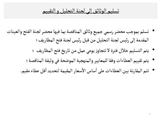 ‫اﻠﺘﻗﻴﻴﻢ‬‫و‬‫اﻠﺘﺤﻟﻴﻞ‬‫ﻠﺟﻨﺔ‬‫إﻠﻰ‬‫اﻠﻮﺛﺎﺛﻖ‬‫ﺗﺳﻟﻴﻢ‬
•‫ﺗﺳﻟﻢ‬‫ﻤﺤﻀﺮ‬‫ﺑﻣﻮﺠﺐ‬‫اﻠﻣﻨﺎﻘﺼﺔ‬‫وﺛﺎﺋﻖ‬‫ﺠﻣﻴﻊ‬‫رﺴﻣﻲ‬‫ﻓﻴﻬﺎ‬‫ﺑﻣﺎ‬‫واﻠﻌﻴﻨﺎت‬‫اﻠﻔﺘﺢ‬‫ﻠﺟﻨﺔ‬‫ﻤﺤﻀﺮ‬
‫اﻠﻣﻗﺪﻤﺔ‬‫إﻠﻰ‬‫اﻠﺘﺤﻟﻴﻞ‬‫ﻠﺟﻨﺔ‬‫ﺋﻴﺲ‬‫ر‬‫ﻘﺒﻞ‬‫ﻤﻦ‬‫اﻠﻣﻈﺎرﻳﻒ‬‫ﻓﺘﺢ‬‫ﻠﺟﻨﺔ‬‫ﺋﻴﺲ‬‫ر‬‫؛‬
•‫اﻠﻣﻈﺎرﻳﻒ‬‫ﻓﺘﺢ‬‫ﺗﺎرﻳﺦ‬ ‫ﻤﻦ‬‫ﻋﻣﻞ‬‫ﻳﻮﻤﻲ‬‫ز‬‫ﺗﺘﺟﺎو‬‫ﻻ‬ ‫ﻓﺘﺮة‬‫ﺧﻼل‬‫اﻠﺘﺳﻟﻴﻢ‬‫ﻳﺘﻢ‬‫؛‬
•‫ﻳﺘﻢ‬‫اﻠﻌﻄﺎءات‬‫ﺗﻗﻴﻴﻢ‬‫وﻓﻗﺎ‬‫اﻠﻣﻨﺎﻘﺼﺔ‬‫وﺛﻴﻗﺔ‬‫ﻓﻲ‬‫اﻠﻣﻮﺿﺤﺔ‬‫واﻠﻣﻨﻬﺟﻴﺔ‬‫ﻠﻟﻣﻌﺎﻳﻴﺮ‬‫؛‬ •‫ﻳﺘﻢ‬‫اﻠﻌﻄﺎءات‬‫ﺗﻗﻴﻴﻢ‬‫وﻓﻗﺎ‬‫اﻠﻣﻨﺎﻘﺼﺔ‬‫وﺛﻴﻗﺔ‬‫ﻓﻲ‬‫اﻠﻣﻮﺿﺤﺔ‬‫واﻠﻣﻨﻬﺟﻴﺔ‬‫ﻠﻟﻣﻌﺎﻳﻴﺮ‬‫؛‬
•‫ﺗﺘﻢ‬‫ﻤﻗﻴﻢ‬‫ﻋﻄﺎء‬‫ﻘﻞ‬
ٔ
‫ا‬‫ﻠﺘﺤﺪﻳﺪ‬‫اﻠﻣﻗﻴﻣﺔ‬‫ﺴﻌﺎر‬
ٔ
‫اﻻ‬ ‫ﺴﺎس‬
ٔ
‫ا‬ ‫ﻋﻟﻰ‬‫اﻠﻌﻄﺎءات‬‫ﺑﻴﻦ‬‫ﻧﺔ‬‫ر‬‫اﻠﻣﻗﺎ‬.
٣
 