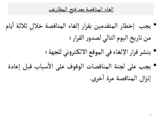 ‫إﻠﻐﺎء‬‫اﻠﻣﻨﺎﻘﺼﺔ‬‫ﺑﻌﺪ‬‫ﻓﺘﺢ‬‫اﻠﻣﻈﺎرﻳﻒ‬
•‫ﻳﺟﺐ‬‫إﺧﻄﺎر‬‫اﻠﻣﺘﻗﺪﻤﻴﻦ‬‫ار‬‫ﺮ‬‫ﺑﻗ‬‫إﻠﻐﺎء‬‫اﻠﻣﻨﺎﻘﺼﺔ‬‫ﺧﻼل‬‫ﺛﻼﺛﺔ‬‫ﻳﺎم‬
ٔ
‫ا‬
‫ﻤﻦ‬‫ﺗﺎرﻳﺦ‬‫اﻠﻴﻮم‬‫اﻠﺘﺎﻠﻲ‬‫ر‬‫ﻠﺼﺪو‬‫ار‬‫ﺮ‬‫اﻠﻗ‬‫؛‬
•‫ﻳﻨﺷﺮ‬‫ار‬‫ﺮ‬‫ﻘ‬‫اﻹﻠﻐﺎء‬‫ﻓﻲ‬‫اﻠﻣﻮﻘﻊ‬‫ﻧﻲ‬‫و‬‫ـﺘﺮ‬‫ﻛ‬‫اﻻﻠ‬‫ﻠﻟﺟﻬﺔ‬‫؛‬
•‫ﺴﺒﺎب‬
ٔ
‫اﻻ‬ •‫ﻳﺟﺐ‬‫ﻋﻟﻰ‬‫ﻠﺟﻨﺔ‬‫اﻠﻣﻨﺎﻘﺼﺎت‬‫اﻠﻮﻘﻮف‬‫ﻋﻟﻰ‬‫ﺴﺒﺎب‬
ٔ
‫اﻻ‬‫ﻘﺒﻞ‬‫إﻋﺎدة‬
‫ال‬‫ﺰ‬‫إﻧ‬‫اﻠﻣﻨﺎﻘﺼﺔ‬‫ﻤﺮة‬‫ى‬‫ﺧﺮ‬
ٔ
‫ا‬.
٣٤
 