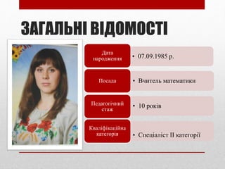 ЗАГАЛЬНІ ВІДОМОСТІ
• 07.09.1985 р.
Дата
народження
• Вчитель математикиПосада
• 10 роківПедагогічний
стаж
• Спеціаліст ІІ категорії
Кваліфікаційна
категорія
 