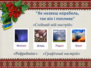 "Як назвеш корабель,
так він і попливе"
«Спіймай мій настрій»
«Рефреймінг» «Графiчний настрiй»
 