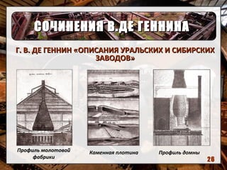 СОЧИНЕНИЯ В.ДЕ ГЕННИНАСОЧИНЕНИЯ В.ДЕ ГЕННИНА
Г. В. ДЕ ГЕННИН «ОПИСАНИЯ УРАЛЬСКИХ И СИБИРСКИХГ. В. ДЕ ГЕННИН «ОПИСАНИЯ УРАЛЬСКИХ И СИБИРСКИХ
ЗАВОДОВ»ЗАВОДОВ»
Профиль домныПрофиль молотовой
фабрики
Каменная плотина
26
 