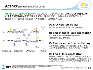 10Copyright©2017 NTT corp. All Rights Reserved.
A: I/O Related Delays
レコードを書き終わるまでのI/O wait.
B: Log-induced lock contention
Aに起因するロック保持時間の増加.
それに伴うロックの競合.
C: Excessive context switching
Aを待つ間、スピンする訳にもいかないので、
waitする必要がある. このスケジューラ負荷.
D: Log buffer contention
例えば、WALログとレコードの書き込みを単一
のmutexで管理している場合、WALもwaitする
ことになる. このログバッファで競合が起きる.
Aether [Johnson et al, VLDB 2010]
Ryan Johnson, Ippokratis Pandis, Radu Stoica, Manos Athanassoulis, and Anastasia Ailamaki. 2010. Aether: a
scalable approach to logging. Proc. VLDB Endow. 3, 1-2 (September 2010), 681-692.
DOI=http://dx.doi.org/10.14778/1920841.1920928
Aetherでは、従来のトランザクションのセマンティクスを、2PLやOCCのセマンテ
ィクスに違反しないままうまく変更し、実装上のボトルネックを解決している.
具体的には、以下のボトルネックを問題として挙げている.
 