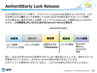 11Copyright©2017 NTT corp. All Rights Reserved.
ログが直列化されている限り、クライアントにCommitを返却さえしなければ、ログ
が永続化される前にロックを解放しても2PL/OCCの性質は変わらないという提案.
ログの書き出し順序が決定した瞬間（バッファにenqueueした瞬間)をpre-commit
と呼び、この瞬間を2PL/OCCにおけるCommit Pointと見なす.
仮に、あるTxが未commitの永続化されていない値を読んだとしても、読めた(ロック
が解放されている)以上、必ずpre-commit済みの値であることになる.
ログバッファが順序付けされている以上、このTxの永続化が先行することはない.
AetherのEarly Lock Release
成長相 ロジック 縮退相
precommit point
後処理
ロック獲得
デッドロック回避
ロジックの実行 ロックの解放ログバッファ
へのenqueue
Recordの
書き出し
Commitの
返却
コミット返却
 