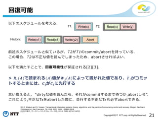 21Copyright©2017 NTT corp. All Rights Reserved.
回復可能
T1: Write(x) T2: Read(x) Write(y)
AbortHistory: Read(x1) Write(y2)Write(x1)
[2] G. Weikum and G. Vossen. Transactional information systems: theory, algorithms, and the practice of concurrency control and recovery. Morgan Kaufmann
Publishers Inc.,San Francisco, CA, USA, 2001. ISBN 1-55860-508-8.
[3] 北川博之, データベースシステム, オーム社, 2014, ISBN 4274216055
 