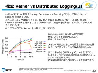 33Copyright©2017 NTT corp. All Rights Reserved.
Aetherは”Slow I/O & Heavy Dependency Tracking”をもってDistributed
Loggingを諦めていた.
これに対して、VLDB ’14では、NVRAMをLog Bufferに用い、Epoch based
Group Commitを用いることでDistributed Loggingを実現するアプローチが提案
されている[1].
ベンチマークではAetherを大幅に上回っている.
補足: Aether vs Distributed Logging(2)
Write-intensive Workloadでの比較.
横軸: スレッド数(物理24コア)
縦軸: スループット
メインメモリ上にキューを用意するAetherと異
なり、ログバッファとしてNVRAMを用いる.
また、SiloのようなGroup Commitを行うこと
によって、”同一epochの全Txが永続化されたら
Commitを返却”とする.
依存関係解決に使うCPUリソースを削減できる.
Tianzheng Wang and Ryan Johnson. 2014. Scalable logging through emerging non-volatile
memory. Proc. VLDB Endow. 7, 10 (June 2014), 865-876.
DOI=http://dx.doi.org/10.14778/2732951.2732960
 