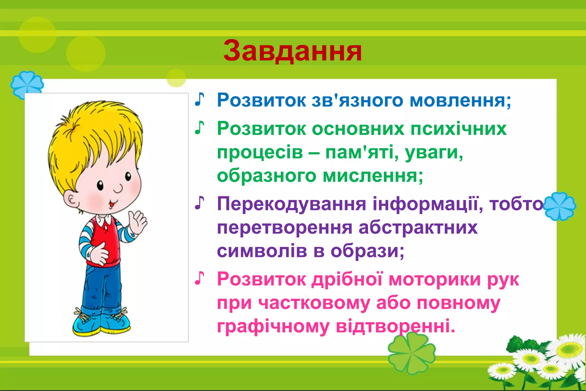 Завдання
♪ Розвиток зв'язного мовлення;
♪ Розвиток основних психічних
процесів – пам'яті, уваги,
образного мислення;
♪ Перекодування інформації, тобто
перетворення абстрактних
символів в образи;
♪ Розвиток дрібної моторики рук
при частковому або повному
графічному відтворенні.
 