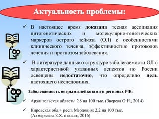 ✓ В настоящее время доказана тесная ассоциация
цитогенетических и молекулярно-генетических
маркеров острого лейкоза (ОЛ) с особенностями
клинического течения, эффективностью протоколов
лечения и прогнозом заболевания.
✓ В литературе данные о структуре заболеваемости ОЛ с
характеристикой указанных аспектов по России
освещены недостаточно, что определило цель
настоящего исследования.
Заболеваемость острыми лейкозами в регионах РФ:
✓ Архангельская область: 2,8 на 100 тыс. (Зверева О.Н., 2014)
✓ Кировская обл.+ респ. Мордовия: 2,2 на 100 тыс.
(Ахмерзаева З.Х. с соавт., 2016)
 