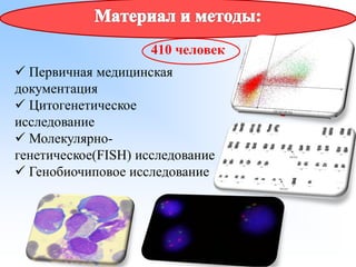 ✓ Первичная медицинская
документация
✓ Цитогенетическое
исследование
✓ Молекулярно-
генетическое(FISH) исследование
✓ Генобиочиповое исследование
410 человек
 