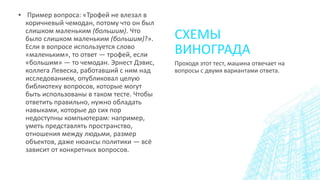 СХЕМЫ
ВИНОГРАДА
▪ Пример вопроса: «Трофей не влезал в
коричневый чемодан, потому что он был
слишком маленьким (большим). Что
было слишком маленьким (большим)?».
Если в вопросе используется слово
«маленьким», то ответ — трофей, если
«большим» — то чемодан. Эрнест Дэвис,
коллега Левеска, работавший с ним над
исследованием, опубликовал целую
библиотеку вопросов, которые могут
быть использованы в таком тесте. Чтобы
ответить правильно, нужно обладать
навыками, которые до сих пор
недоступны компьютерам: например,
уметь представлять пространство,
отношения между людьми, размер
объектов, даже нюансы политики — всё
зависит от конкретных вопросов.
Проходя этот тест, машина отвечает на
вопросы с двумя вариантами ответа.
 