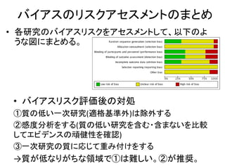 バイアスのリスクアセスメントのまとめ
• 各研究のバイアスリスクをアセスメントして、以下のよ
うな図にまとめる。
• バイアスリスク評価後の対処
①質の低い一次研究(適格基準外)は除外する
②感度分析をする(質の低い研究を含む・含まないを比較
してエビデンスの頑健性を確認)
③一次研究の質に応じて重み付けをする
→質が低なりがちな領域で①は難しい。②が推奨。
 