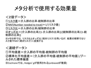 メタ分析で使用する効果量
＜２値データ＞
①リスク差＝介入群の比率-統制群の比率
②NNT(Number needed to treat)＝1/|リスク差|
③リスク比＝介入群の比率/統制群の比率
④オッズ比＝[介入群の比率/(1-介入群の比率)]/[統制群の比率/(1-統
制群の比率)]
※メタ分析では，リスク比とオッズ比（相対リスク）を用いるが，結果の解釈ではリ
スク差やNNT（絶対リスク）に変換する
＜連続データ＞
①平均値差＝介入群の平均値-統制群の平均値
②標準化平均値差＝（介入群の平均値-統制群の平均値）/プー
ルされた標準偏差
※Cochraneでは、Hedges’ gが使用される(unbiasedが推奨)
 