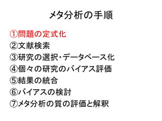 メタ分析の手順
①問題の定式化
②文献検索
③研究の選択・データベース化
④個々の研究のバイアス評価
⑤結果の統合
⑥バイアスの検討
⑦メタ分析の質の評価と解釈
 