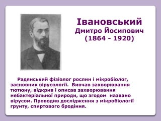Радянський фізіолог рослин і мікробіолог,
засновник вірусології. Вивчав захворювання
тютюну, відкрив і описав захворювання
небактеріальної природи, що згодом названо
вірусом. Проводив дослідження з мікробіології
грунту, спиртового бродіння.
Івановський
Дмитро Йосипович
(1864 - 1920)
 