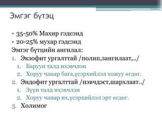 Эмгэг бүтэц
• 35-50% Махир гэдсэнд
• 20-25% мухар гэдсэнд
Эмгэг бүтцийн ангилал:
1. Экзофит ургалттай /полип,зангилаат,../
1. Баруун талд ихэвчлэн
2. Хоруу чанар бага,үсэрхийлэл хожуу өгдөг.
2. Эндофит ургалттай /нэвчдэст,шархлаат../
1. Зүүн талд ихэвчлэн
2. Хоруу чанар их,үсэрхийлэл эрт өгдөг.
3. Холимог
 