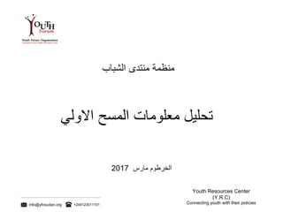 info@yfosudan.org +249123011101 Connecting youth with their policies
Youth Resources Center
(Y.R.C)
‫منظمة‬‫منتدى‬‫الشباب‬
‫تحليل‬‫معلومات‬‫المسح‬‫االولي‬
‫حمد‬ٔ‫ا‬‫صادق‬
‫الخرطوم‬‫مارس‬2017
 