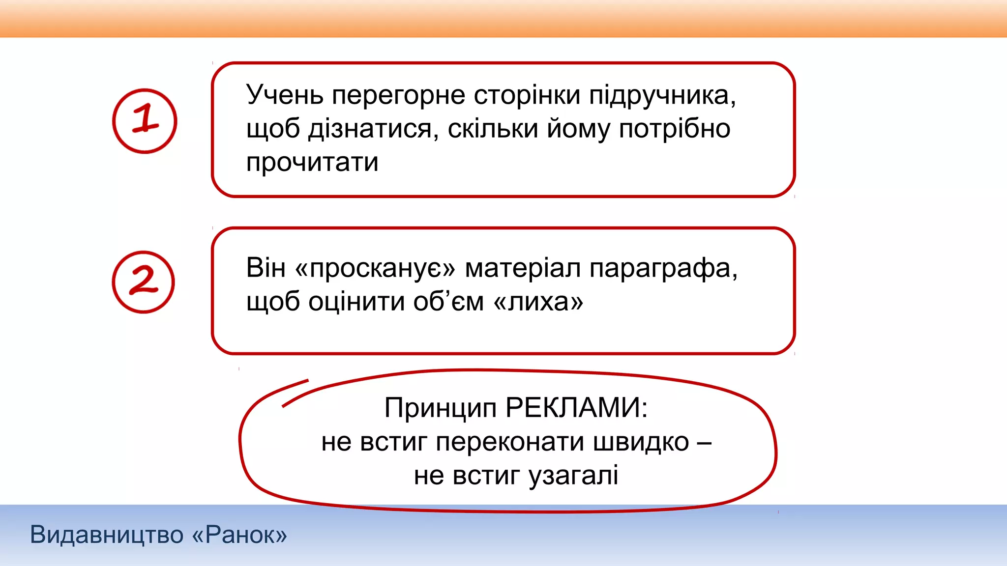 Видавництво «Ранок»
Принцип РЕКЛАМИ:
не встиг переконати швидко –
не встиг узагалі
Учень перегорне сторінки підручника,
щоб дізнатися, скільки йому потрібно
прочитати
Він «просканує» матеріал параграфа,
щоб оцінити об’єм «лиха»
 