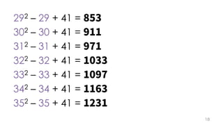 292 – 29 + 41 =
302 – 30 + 41 =
312 – 31 + 41 =
322 – 32 + 41 =
332 – 33 + 41 =
342 – 34 + 41 =
352 – 35 + 41 =
 