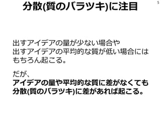 分散(質のバラツキ)に注目
出すアイデアの量が少ない場合や
出すアイデアの平均的な質が低い場合には
もちろん起こる。
だが、
アイデアの量や平均的な質に差がなくても
分散(質のバラツキ)に差があれば起こる。
5
 