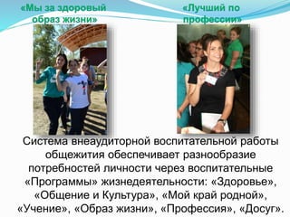 Система внеаудиторной воспитательной работы
общежития обеспечивает разнообразие
потребностей личности через воспитательные
«Программы» жизнедеятельности: «Здоровье»,
«Общение и Культура», «Мой край родной»,
«Учение», «Образ жизни», «Профессия», «Досуг».
 