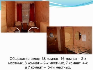 Общежитие имеет 38 комнат: 16 комнат – 2-х
местных, 8 комнат – 2-х местных, 7 комнат 4-х
и 7 комнат – 5-ти местных.
 