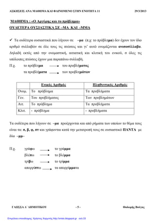 ΑΣΚΗΣΕΙΣ ΑΝΑ ΜΑΘΗΜΑ ΚΑΙ ΦΑΙΝΟΜΕΝΟ ΣΤΗΝ ΕΝΟΤΗΤΑ 11 29/3/2013
ΓΛΩΣΣΑ ∆΄ ∆ΗΜΟΤΙΚΟΥ - 5 - Θοδωρής Βούγας
ΜΑΘΗΜΑ : «Ο Αργύρης και το πρόβληµα»
ΟΥ∆ΕΤΕΡΑ ΟΥΣΙΑΣΤΙΚΑ ΣΕ –ΜΑ ΚΑΙ -ΜΜΑ
Τα ουδέτερα ουσιαστικά που λήγουν σε –µα (π.χ: το πρόβληµα) δεν έχουν τον ίδιο
αριθµό συλλαβών σε όλε τους τις πτώσεις και γι’ αυτό ονοµάζονται ανισοσύλλαβα.
∆ηλαδή εκτός από την ονοµαστική, αιτιατική και κλιτική του ενικού, σ όλες τις
υπόλοιπες πτώσεις έχουν µια παραπάνω συλλαβή.
Π.χ. το πρόβληµα του προβλήµατος
τα προβλήµατα των προβληµάτων
Ενικός Αριθµός Πληθυντικός Αριθµός
Ονοµ. Το πρόβληµα Τα προβλήµατα
Γεν. Του προβλήµατος Των προβληµάτων
Αιτ. Το πρόβληµα Τα προβλήµατα
Κλιτ. - πρόβληµα - προβλήµατα
Τα ουδέτερα που λήγουν σε –µα προέρχονται και από ρήµατα των οποίων το θέµα τους
είναι τα: π, β, φ, πτ και γράφονται κατά την µετατροπή τους σε ουσιαστικό ΠΑΝΤΑ µε
δύο –µµ–
Π.χ. γράφω το γράµµα
βλέπω το βλέµµα
τρίβω το τρίµµα
απορρίπτω τα απορρίµµατα
Επιμέλεια επανάληψης: Χρήστος Χαρμπής http://xristx.blogspot.gr σελ.33
 