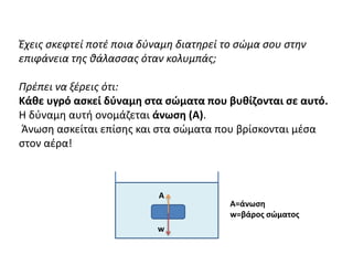 Έχεις σκεφτεί ποτέ ποια δύναμη διατηρεί το σώμα σου στην
επιφάνεια της θάλασσας όταν κολυμπάς;
Πρέπει να ξέρεις ότι:
Κάθε υγρό ασκεί δύναμη στα σώματα που βυθίζονται σε αυτό.
Η δύναμη αυτή ονομάζεται άνωση (Α).
Άνωση ασκείται επίσης και στα σώματα που βρίσκονται μέσα
στον αέρα!
Α
w
A=άνωση
w=βάρος σώματος
 