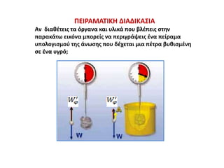 ΠΕΙΡΑΜΑΤΙΚΗ ΔΙΑΔΙΚΑΣΙΑ
Αν διαθέτεις τα όργανα και υλικά που βλέπεις στην
παρακάτω εικόνα μπορείς να περιγράψεις ένα πείραμα
υπολογισμού της άνωσης που δέχεται μια πέτρα βυθισμένη
σε ένα υγρό;
 