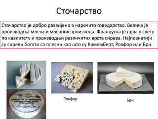 Сточарство
Сточарство је добро развијено а нарочито говедарство. Велика је
производња млека и млечних производа. Француска је прва у свету
по квалитету и производњи различитих врста сирева. Најпознатији
су сиреви богати са плесни као што су Камемберт, Рокфор или Бри.
БриРокфор
 