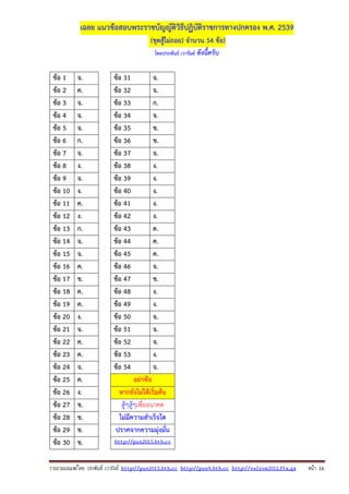 รวบรวมเผยแพรโดย ประพันธ เวารัมย http://pun2013.bth.cc http://pun9.bth.cc http://valrom2012.fix.gs หนา 16
เฉลย แนวข้อสอบพระราชบัญญัติวิธีปฏิบัติราชการทางปกครอง พ.ศ. 2539
(ชุดสู้ไม่ถอย) จํานวน 54 ข้อ)
โดยประพันธ์ เวารัมย์ ดังนี้ครับ
ข้อ 1 จ. ข้อ 31 จ.
ข้อ 2 ค. ข้อ 32 จ.
ข้อ 3 จ. ข้อ 33 ก.
ข้อ 4 จ. ข้อ 34 จ.
ข้อ 5 จ. ข้อ 35 ข.
ข้อ 6 ก. ข้อ 36 ข.
ข้อ 7 จ. ข้อ 37 จ.
ข้อ 8 ง. ข้อ 38 ง.
ข้อ 9 จ. ข้อ 39 ง.
ข้อ 10 ง. ข้อ 40 ง.
ข้อ 11 ค. ข้อ 41 ง.
ข้อ 12 ง. ข้อ 42 ง.
ข้อ 13 ก. ข้อ 43 ค.
ข้อ 14 จ. ข้อ 44 ค.
ข้อ 15 จ. ข้อ 45 ค.
ข้อ 16 ค. ข้อ 46 จ.
ข้อ 17 ข. ข้อ 47 ข.
ข้อ 18 ค. ข้อ 48 ง.
ข้อ 19 ค. ข้อ 49 ง.
ข้อ 20 ง. ข้อ 50 จ.
ข้อ 21 จ. ข้อ 51 จ.
ข้อ 22 ค. ข้อ 52 จ.
ข้อ 23 ค. ข้อ 53 ง.
ข้อ 24 จ. ข้อ 54 จ.
ข้อ 25 ค. อย่าท้อ
ข้อ 26 ง. หากยังไม่ได้เริ่มต้น
ข้อ 27 ข. สู้ๆสู้ๆเพื่ออนาคต
ข้อ 28 ข. ไม่มีความสําเร็จใด
ข้อ 29 ข. ปราศจากความมุ่งมั่น
ข้อ 30 ข. http://pun2013.bth.cc
 