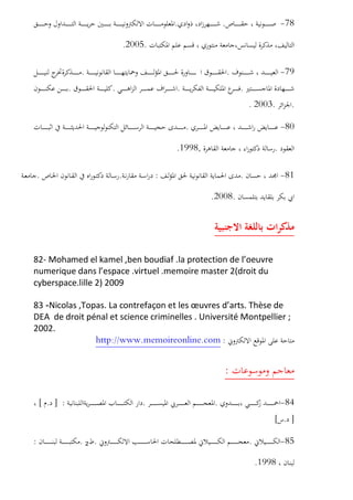 78-..
.2005.
79-..
....
..2003.
80-.
.,1998.
81-.:..
.2008.
82- Mohamed el kamel ,ben boudiaf .la protection de l oeuvre
numerique dans l espace .virtuel .memoire master 2(droit du
cyberspace.lille 2) 2009
-83 Nicolas ,Topas. La contrefaçon et les uvres d arts. Thèse de
DEA de droit pénal et science criminelles . Université Montpellier ;
2002.
:http://www.memoireonline.com
:
84-..:].[
].[
85-...:
1998.
 