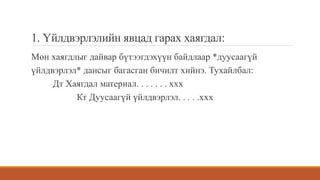 1. Үйлдвэрлэлийн явцад гарах хаягдал:
Мөн хаягдлыг дайвар бүтээгдэхүүн байдлаар *дуусаагүй
үйлдвэрлэл* дансыг багасган бичилт хийнэ. Тухайлбал:
Дт Хаягдал материал. . . . . . . ххх
Кт Дуусаагүй үйлдвэрлэл. . . . .ххх
 