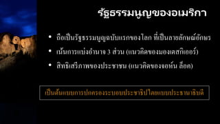 รัฐธรรมนูญของอเมริกา
• ถือเป็นรัฐธรรมนูญฉบับแรกของโลก ที่เป็นลายลักษณ์อักษร
• เน้นการแบ่งอานาจ 3 ส่วน (แนวคิดของมองเตสกิเออร์)
• สิทธิเสรีภาพของประชาชน (แนวคิดของจอห์น ล็อค)
เป็นต้นแบบการปกครองระบอบประชาธิปไตยแบบประธานาธิบดี
 