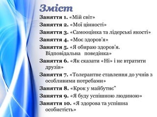 Заняття 1. «Мій світ»
Заняття 2. «Мої цінності»
Заняття 3. «Самооцінка та лідерські якості»
Заняття 4. «Моє здоров’я»
Заняття 5. «Я обираю здоров’я.
Відповідальна поведінка»
Заняття 6. «Як сказати «Ні» і не втратити
друзів»
Заняття 7. «Толерантне ставлення до учнів з
особливими потребами»
Заняття 8. «Крок у майбутнє”
Заняття 9. «Я буду успішною людиною»
Заняття 10. «Я здорова та успішна
особистість»
 