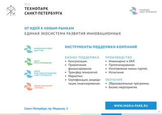 25
ТЕХНОПАРК
САНКТ-ПЕТЕРБУРГА
Санкт-Петербург, пр. Медиков, 3
WWW.INGRIA-PARK.RU
БИЗНЕС-ПОДДЕРЖКА
•	 Консультации.
•	 Привлечение
финансирования.
•	 Трансфер технологий.
•	 Маркетинг.
•	 Сертификация, аккреди-
тация, лицензирование.
ОТ ИДЕЙ К НОВЫМ РЫНКАМ
ЕДИНАЯ ЭКОСИСТЕМА РАЗВИТИЯ ИННОВАЦИОННЫХ
ИНСТРУМЕНТЫ ПОДДЕРЖКИ КОМПАНИЙ
ПРОИЗВОДСТВО
•	 Инжиниринг и ОКР.
•	 Прототипирование.
•	 Изготовление малых партий.
•	 Испытания.
ОБУЧЕНИЕ
•	 Образовательные программы.
•	 Бизнес-мероприятия.
VI.1
 