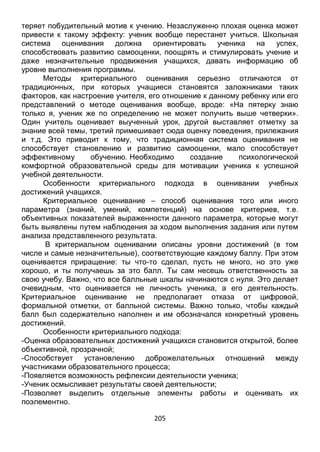 205
теряет побудительный мотив к учению. Незаслуженно плохая оценка может
привести к такому эффекту: ученик вообще перестанет учиться. Школьная
система оценивания должна ориентировать ученика на успех,
способствовать развитию самооценки, поощрять и стимулировать учение и
даже незначительные продвижения учащихся, давать информацию об
уровне выполнения программы.
Методы критериального оценивания серьезно отличаются от
традиционных, при которых учащиеся становятся заложниками таких
факторов, как настроение учителя, его отношение к данному ребенку или его
представлений о методе оценивания вообще, вроде: «На пятерку знаю
только я, ученик же по определению не может получить выше четверки».
Один учитель оценивает выученный урок, другой выставляет отметку за
знание всей темы, третий примешивает сюда оценку поведения, прилежания
и т.д. Это приводит к тому, что традиционная система оценивания не
способствует становлению и развитию самооценки, мало способствует
эффективному обучению. Необходимо создание психологической
комфортной образовательной среды для мотивации ученика к успешной
учебной деятельности.
Особенности критериального подхода в оценивании учебных
достижений учащихся.
Критериальное оценивание – способ оценивания того или иного
параметра (знаний, умений, компетенций) на основе критериев, т.е.
объективных показателей выраженности данного параметра, которые могут
быть выявлены путем наблюдения за ходом выполнения задания или путем
анализа представленного результата.
В критериальном оценивании описаны уровни достижений (в том
числе и самые незначительные), соответствующие каждому баллу. При этом
оценивается приращение: ты что-то сделал, пусть не много, но это уже
хорошо, и ты получаешь за это балл. Ты сам несешь ответственность за
свою учебу. Важно, что все балльные шкалы начинаются с нуля. Это делает
очевидным, что оценивается не личность ученика, а его деятельность.
Критериальное оценивание не предполагает отказа от цифровой,
формальной отметки, от балльной системы. Важно только, чтобы каждый
балл был содержательно наполнен и им обозначался конкретный уровень
достижений.
Особенности критериального подхода:
-Оценка образовательных достижений учащихся становится открытой, более
объективной, прозрачной;
-Способствует установлению доброжелательных отношений между
участниками образовательного процесса;
-Появляется возможность рефлексии деятельности ученика;
-Ученик осмысливает результаты своей деятельности;
-Позволяет выделить отдельные элементы работы и оценивать их
поэлементно.
 