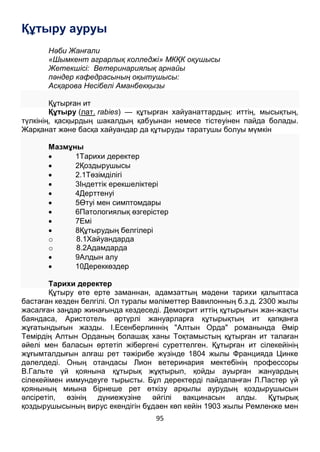95
Құтыру ауруы
Нәби Жанғали
«Шымкент аграрлық колледжі» МКҚК оқушысы
Жетекшісі: Ветеринариялық арнайы
пәндер кафедрасының оқытушысы:
Асқарова Несібелі Аманбекқызы
Құтырған ит
Құтыру (лат. rabies) — құтырған хайуанаттардың: иттің, мысықтың,
түлкінің, қасқырдың шакалдың қабуынан немесе тістеуінен пайда болады.
Жарқанат және басқа хайуандар да құтыруды таратушы болуы мүмкін
Мазмұны
 1Тарихи деректер
 2Қоздырушысы
 2.1Төзімділігі
 3Індеттік ерекшеліктері
 4Дерттенуі
 5Өтуі мен симптомдары
 6Патологиялық өзгерістер
 7Емі
 8Құтырудың белгілері
o 8.1Хайуандарда
o 8.2Адамдарда
 9Алдын алу
 10Дереккөздер
Тарихи деректер
Құтыру өте ерте заманнан, адамзаттың мәдени тарихи қалыптаса
бастаған кезден белгілі. Ол туралы мәліметтер Вавилонның б.з.д. 2300 жылы
жасалған заңдар жинағында кездеседі. Демокрит иттің құтырығын жан-жақты
баяндаса, Аристотель әртүрлі жануарларға құтырықтың ит қапқанға
жұғатындығын жазды. І.Есенберлиннің "Алтын Орда" романында Әмір
Темірдің Алтын Орданың болашақ ханы Тоқтамыстың құтырған ит талаған
әйелі мен баласын өртетіп жібергені суреттелген. Құтырған ит сілекейінің
жұғымталдығын алғаш рет тәжірибе жүзінде 1804 жылы Францияда Цинке
дәлелдеді. Оның отандасы Лион ветеринария мектебінің профессоры
В.Гальте үй қоянына құтырық жұқтырып, қойды ауырған жануардың
сілекейімен иммундеуге тырысты. Бұл деректерді пайдаланған Л.Пастер үй
қоянының миына бірнеше рет өткізу арқылы аурудың қоздырушысын
әлсіретіп, өзінің дүниежүзіне әйгілі вакцинасын алды. Құтырық
қоздырушысының вирус екендігін бұдаен көп кейін 1903 жылы Ремленже мен
 