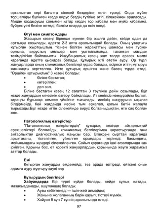 97
орталықтан кері бағытта сілекей бездеріне келіп түседі. Онда жүйке
торшалары бүлінген кезде вирус бездің түтігіне өтіп, сілекеймен араласады.
Мидан қоздырушы сонымен қатар көздің тор қабаты мен мүйіз қабатына,
бүйрек үсті безіне жетеді, бәлкім оларда да өсіп өнеді.
Өтуі мен симптомдары
Жасырын кезеңі бірнеше күннен бір жылға дейін, кейде одан да
арттыққа созылады, әдетте 2-3 апта аралығындай болады. Оның ұзақтығы
құтырған жыртқыштың тісінен болған жарақаттың шамасы мен түскен
орнына, вирустың мөлшері мен уыттылығында, таланған малдың
төзімділігіне байланысты. Инкубациялық кезең жас төлде ересек малға
қарағанда әдетте қысқарақ болады. Құтырық жіті өтетін ауру. Әр түрлі
жануарларда оның клиникалық белгілері ұқсас болады, әсіресе иттің құтыруы
жан-жақты зерттелген. Итте құтырық өршіген және бәсең түрде өтеді.
"Өршіген құтырықтың" 3 кезеңі болады:
 біліне бастаған;
 көтерілген;
 дел сал.
Біліне бастаған кезең 12 сағаттан 3 тәулікке дейін созылады, бұл
кезде жануардың мінезінің өзгеруі байқалады. Ит көңілсіз немқұрайлы болып,
қараңғы бұрышқа немесе үйшігіне тығылады, иесінің шақуруына ықылас
білдірмейді. Кей жағдайда иесіне тым еркелеп, қолын бетін жалауға
тырысады.Бұл кезде иттің сілекейінде вирус болтаныдықтан, өте сақ болған
жөн.
Патологиялық өзгерістер
"Патологиялық өзгерістердің" құтырық кезінде айтарлықтай
ерекшеліктері болмайды, клиникалық белгілерімен қарастырғанда ғана
айтарлықтай диагностикалық маңызы бар. Өлексені сырттай қарағанда
арықтағаны, тістелінген, үйкелген орындары көрінеді. Басындағы,
мойынындағы жүндері сілекейленген. Сойып қарағанда ішкі ағзаларында қан
іркілген. Қарыны бос, ет қоректі жануарлардың қарынында жеуге жарамсыз
заттар болады.
Емі
Құтырған жануарды емдемейді, тез арада өлтіреді, өйткені оның
адамға ауру жұқтыру қаупі зор
Құтырудың белгілері
Хайуандарда Бір түрлі күйде болады, кейде сұлық жатады,
мазасызданады, ашуланшақ болады;
 Аузы көбіктенеді — ішіп-жей алмайды;
 Жанына жолағанның бәрін қауып, тістеуі мүмкін.
 Хайуан 5 күн 7 күннің аралығында өледі.
 