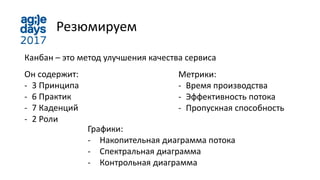 Резюмируем
Канбан – это метод улучшения качества сервиса
Он содержит:
- 3 Принципа
- 6 Практик
- 7 Каденций
- 2 Роли
Метрики:
- Время производства
- Эффективность потока
- Пропускная способность
Графики:
- Накопительная диаграмма потока
- Спектральная диаграмма
- Контрольная диаграмма
 