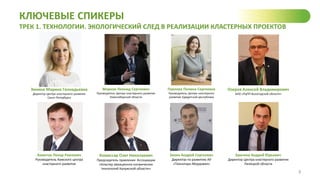 КЛЮЧЕВЫЕ СПИКЕРЫ
ТРЕК 1. ТЕХНОЛОГИИ. ЭКОЛОГИЧЕСКИЙ СЛЕД В РЕАЛИЗАЦИИ КЛАСТЕРНЫХ ПРОЕКТОВ
3
Зинина Марина Геннадьевна
Директор Центра кластерного развития
Санкт-Петербурга
Марков Леонид Сергеевич
Руководитель Центра кластерного развития
Новосибирской области
Павлова Полина Сергеевна
Руководитель Центра кластерного
развития Удмуртской республики
Озеров Алексей Владимирович
АНО «РЦПП Вологодской области»
Ахметов Ленар Раилевич
Руководитель Камского центра
кластерного развития
Комиссар Олег Николаевич
Председатель правления Ассоциации
«Кластер авиационно-космических
технологий Калужской области»
Зизин Андрей Сергеевич
Директор по развитию АУ
«Технопарк-Мордовия»
Бричеев Андрей Юрьевич
Директор Центра кластерного развития
Липецкой области
 