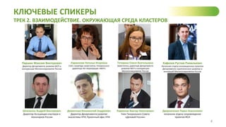 КЛЮЧЕВЫЕ СПИКЕРЫ
ТРЕК 2. ВЗАИМОДЕЙСТВИЕ. ОКРУЖАЮЩАЯ СРЕДА КЛАСТЕРОВ
4
Паршин Максим Викторович
Директор Департамента развития МСП и
конкуренции Минэкономразвития России
Ларионова Наталья Игоревна
Статс-секретарь-заместитель Генерального
директора АО «Корпорация «МСП»
Тетерина Олеся Анатольевна
Заместитель директора Департамента
развития МСП и конкуренции
Минэкономразвития России
Хафизов Рустам Рамильевич
Начальник отдела инновационных проектов
Департамента стратегического развития и
инноваций Минэкономразвития России
Шпиленко Андрей Викторович
Директор Ассоциация кластеров и
технопарков России
Дементьев Иннокентий Андреевич
Директор Департамента развития
экосистемы НТИ, Проектный офис НТИ
Ларионов Виктор Николаевич
Член Генерального Совета
«Деловой России»
Дворниченко Павел Алексеевич
начальник отдела сопровождения
проектов ФСИ
 