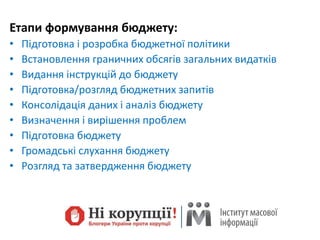 Етапи формування бюджету:
• Підготовка і розробка бюджетної політики
• Встановлення граничних обсягів загальних видатків
• Видання інструкцій до бюджету
• Підготовка/розгляд бюджетних запитів
• Консолідація даних і аналіз бюджету
• Визначення і вирішення проблем
• Підготовка бюджету
• Громадські слухання бюджету
• Розгляд та затвердження бюджету
 