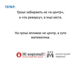 ТЕПЕР:
Гроші забирають не «в центр»,
а «по реверсу», в інші міста.
На гроші впливає не центр, а суто
математика.
 