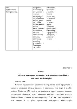 Гонтаренко В.Ю.
ня і
перспективи
його розвитку.
стосунки в
зовнішньому
середовищі, з
іншими
установами і
організаціями;
уміння вести
дискусійні
форми роботи;
уміння
викладати свої
думки чітко,
логічно,
переконливо,
образно,
доступно;
емоційна
стриманість у
будь-яких
ситуаціях.
самостійно
приймати
рішення;
уміння
формувати
читацький
актив,
читацькі
групи;
здатність
організувати
самостійну
інформаційно
-пошукову
діяльність
читачів
ДОДАТОК 4
Проект
«Модель методичного супроводу неперервного професійного
зростання бібліотекарів»
Актуальність
В умовах кардинального оновлення змісту освіти, зміни пріоритетів і
цільових установок процесу навчання і виховання, його форм і засобів
шкільна бібліотека ХХІ століття має вирішувати одне з важливих завдань,
поставлених державою перед сучасною освітою: створення єдиного
інформаційного освітньо- наукового простору. У зв’язку з цим висуваються
нові вимоги й до рівня професійної майстерності бібліотекарів
28
 