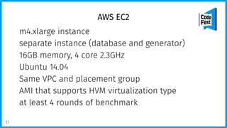AWS EC2
m4.xlarge instance
separate instance (database and generator)
16GB memory, 4 core 2.3GHz
Ubuntu 14.04
Same VPC and placement group
AMI that supports HVM virtualization type
at least 4 rounds of benchmark
31
 